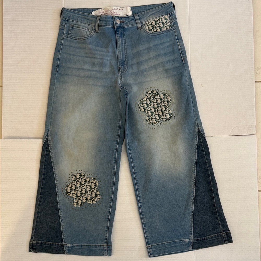 Designer Inspired Hand Stitched Upcycled Denim High Rise Wide Leg Jeans sz 12